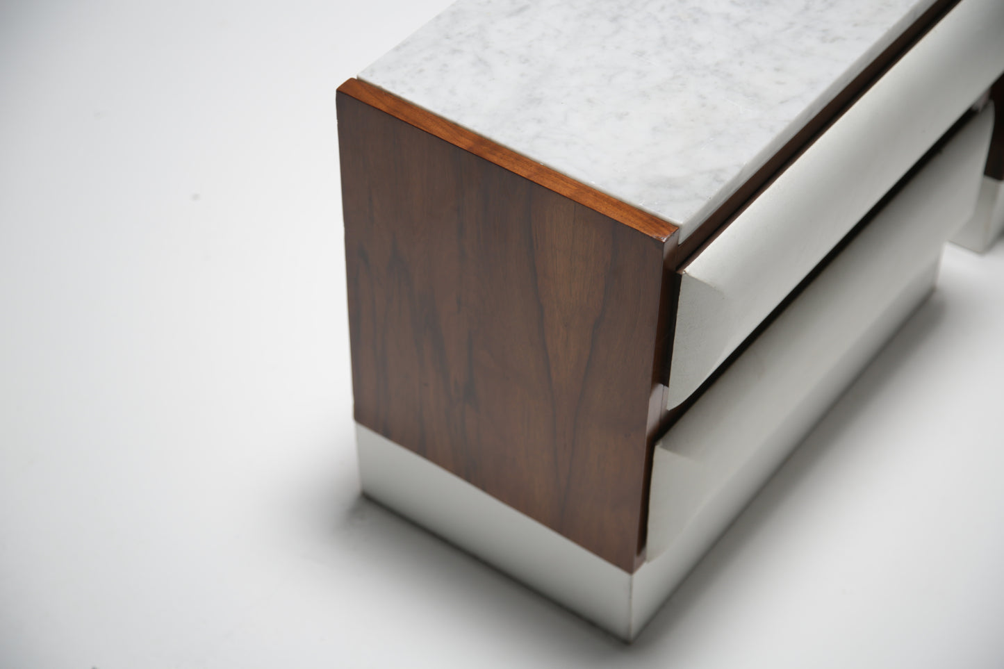 Walnut and marble bedside tables